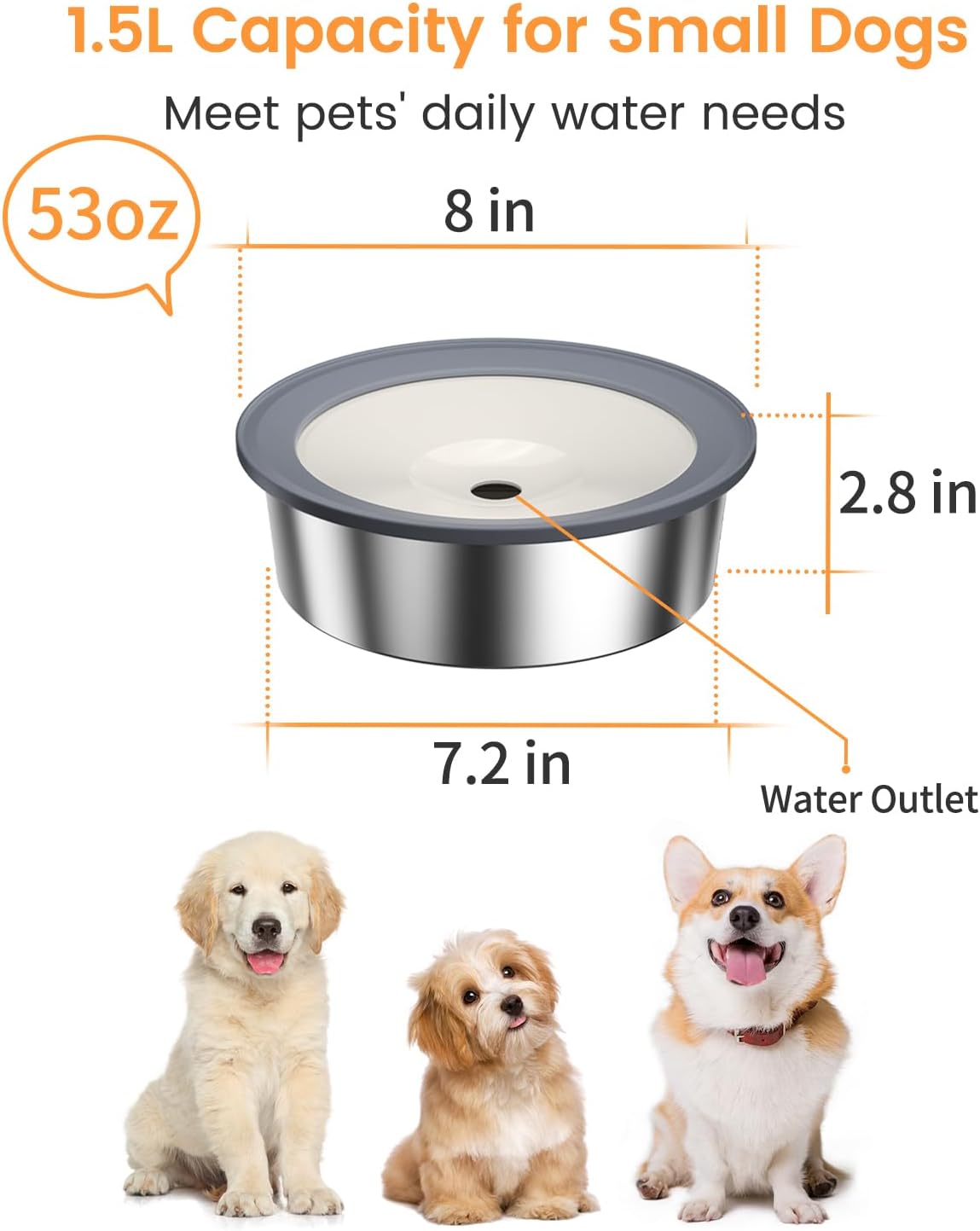 No Spill Dog Water Bowl, 1.5L Stainless Steel Slow Drinking Water Dish Dispenser, Spilling Drip - 1.5L - image 4