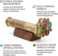 Roorkee Instruments etched floral brass kaleidoscope with two bead wheels on a hardwood stand - view 7