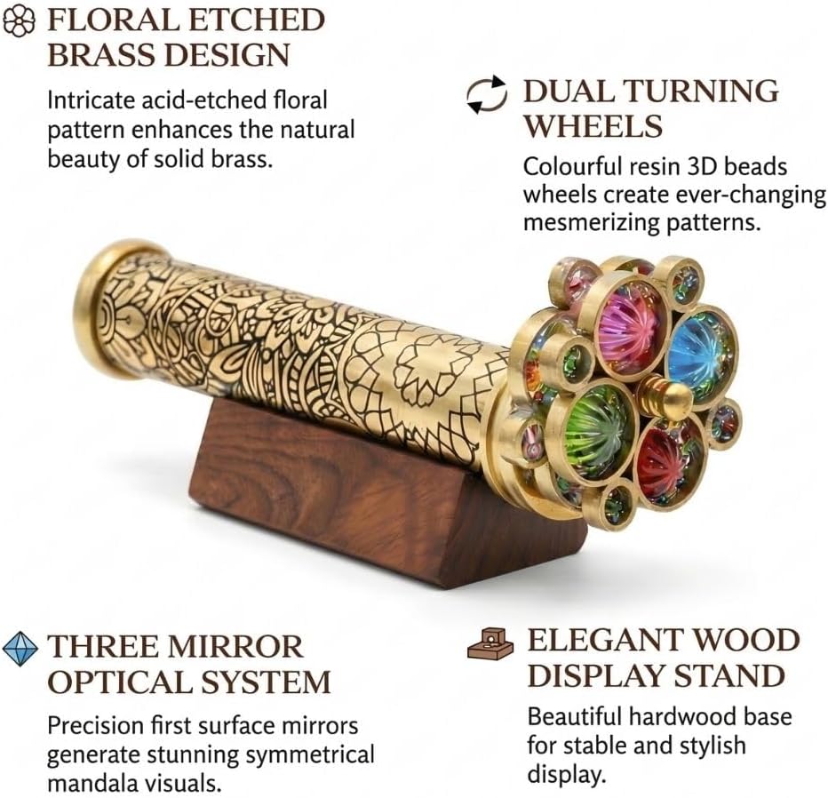 Roorkee Instruments etched floral brass kaleidoscope with two bead wheels on a hardwood stand - view 7