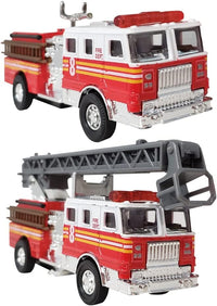 ArtCreativity set of 2 diecast pull back fire truck toys, ladder truck and fire engine