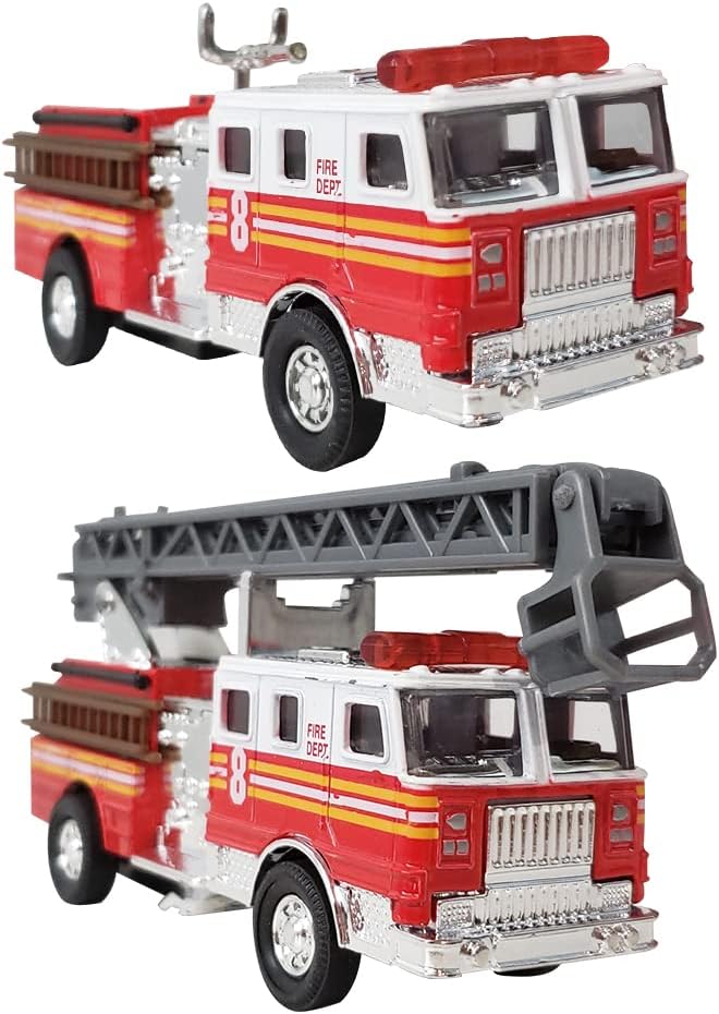 ArtCreativity set of 2 diecast pull back fire truck toys, ladder truck and fire engine