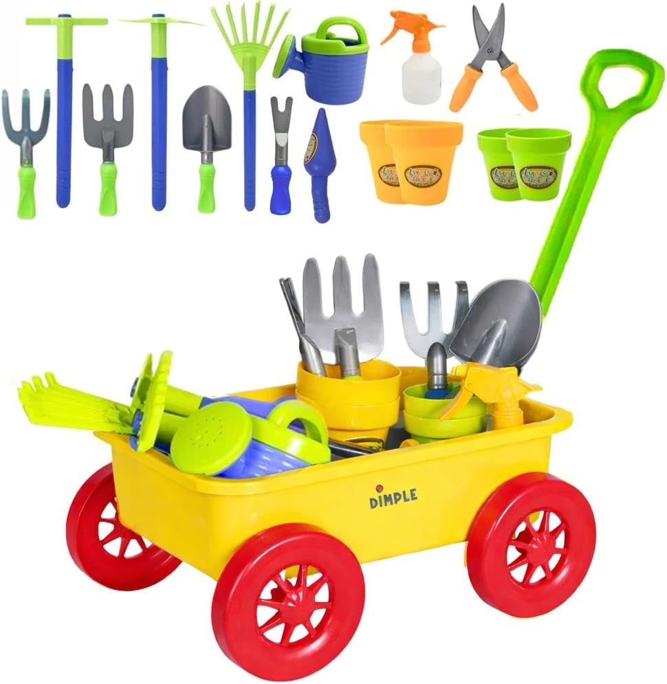 Dimple Garden Wagon & Tools Toy Set, Kids Gardening Set - Yellow