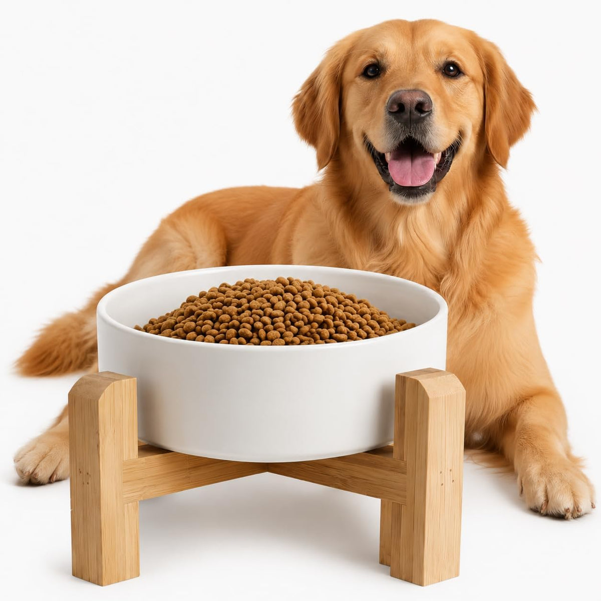 Elevated/Raised Ceramic Dog Bowl with Bamboo Stand，6 Inch 3.6 Cups - White / Large