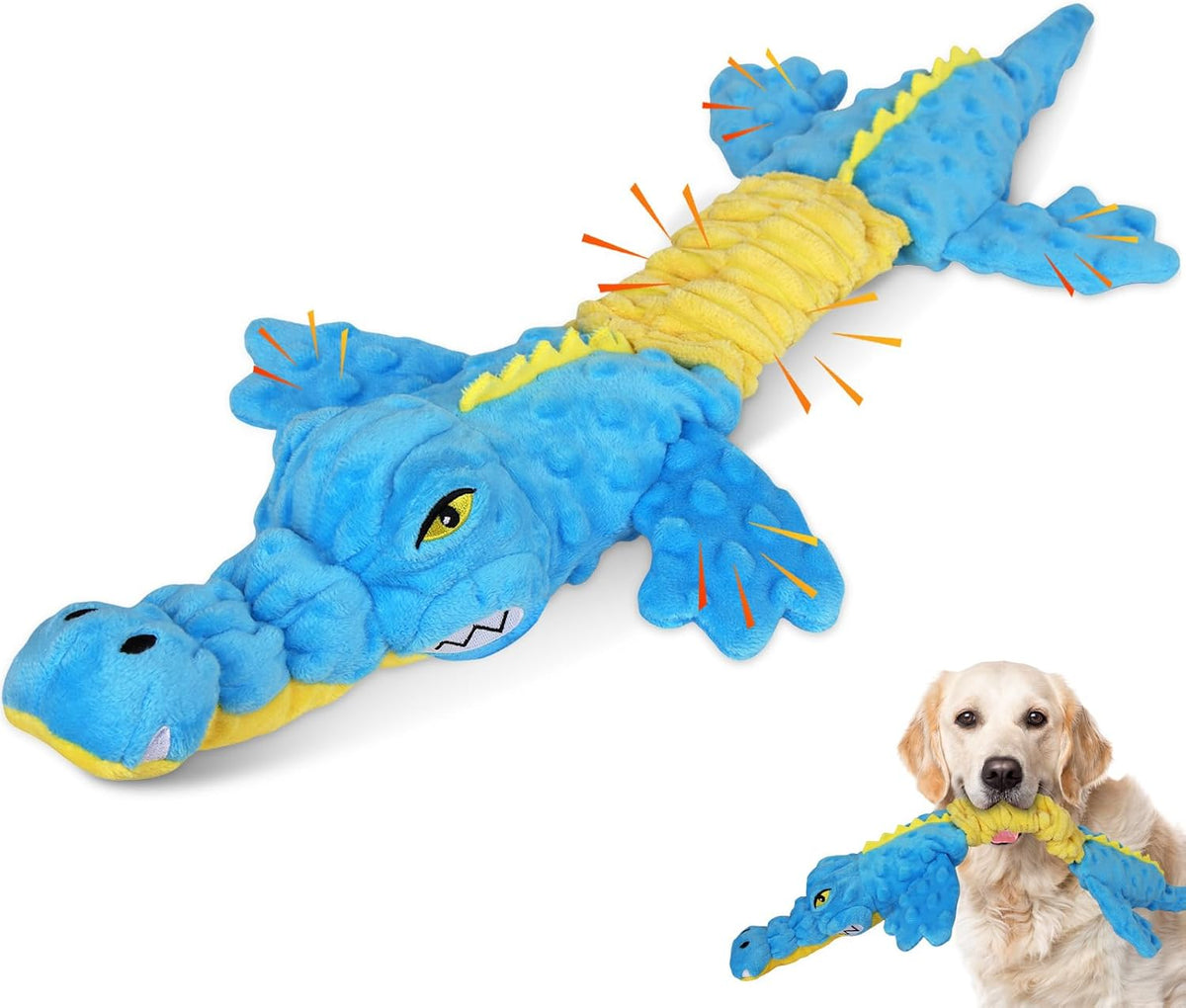 Squeaky Dog Toys for Large Dogs, Tough Tug of War Puppy Toy - Blue Yellow / Alligator