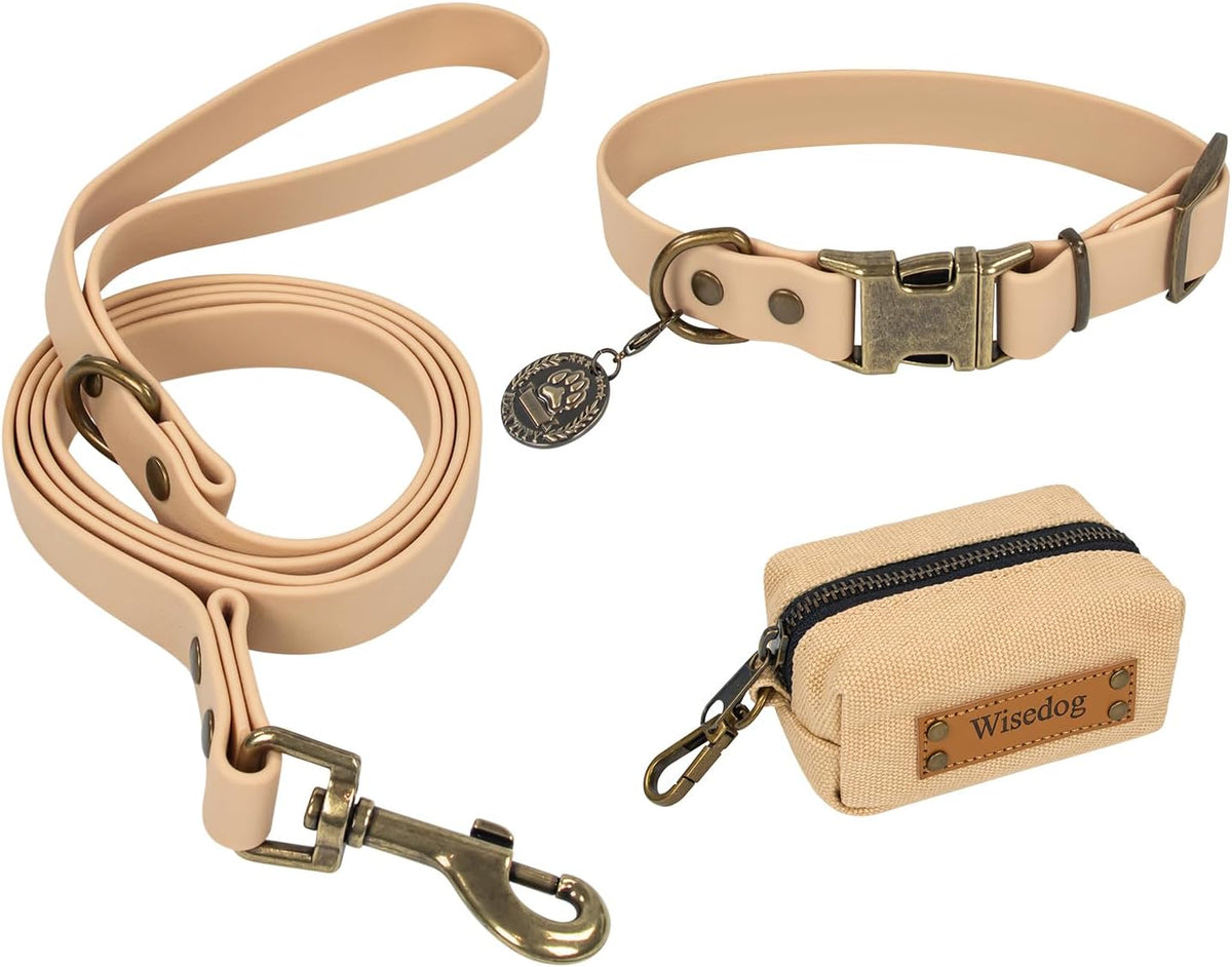 Wisedog Rubber Dog Collar with Quick Release, XS 8.5"-12" - Sand Color / L(Collar:14"-22";Leash:5 ft)