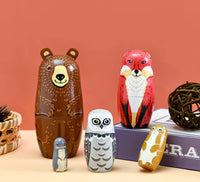 Kakeah 5 piece wooden nesting dolls set with brown bear, fox, owl, rabbit and raccoon - view 5