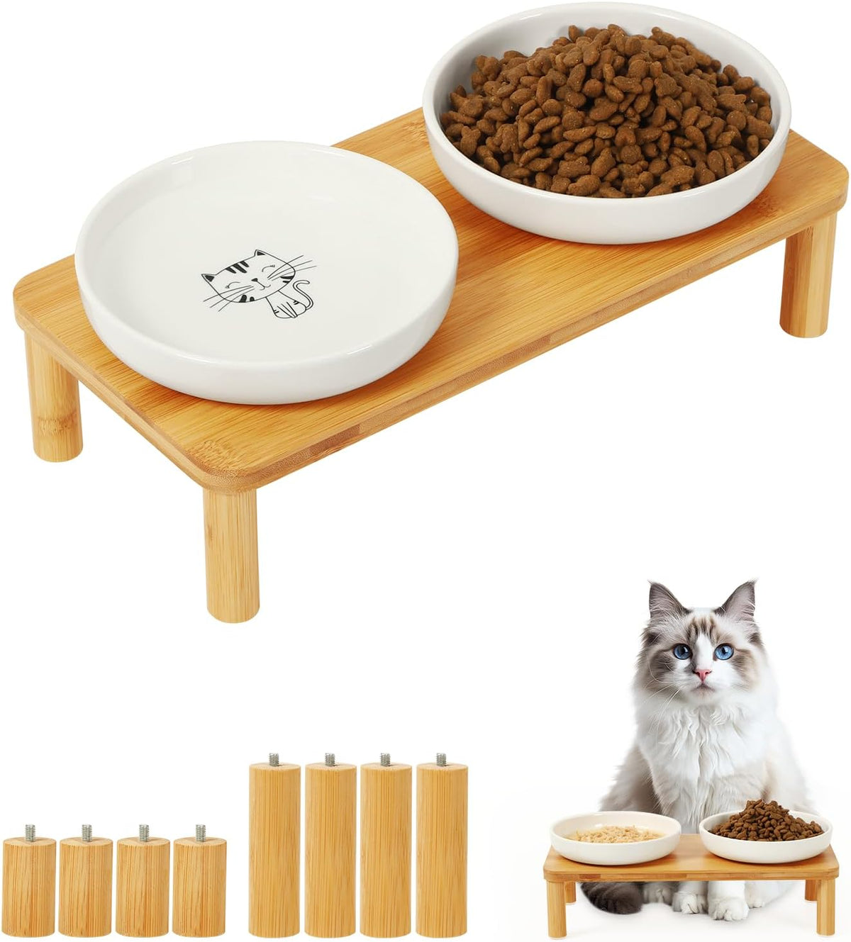 Raised Cat Bowl, Elevated Cat Bowls with Bamboo Stand, Set of 2 – Essentials for Cats - Rectangle Stand with Ceramic Bowls