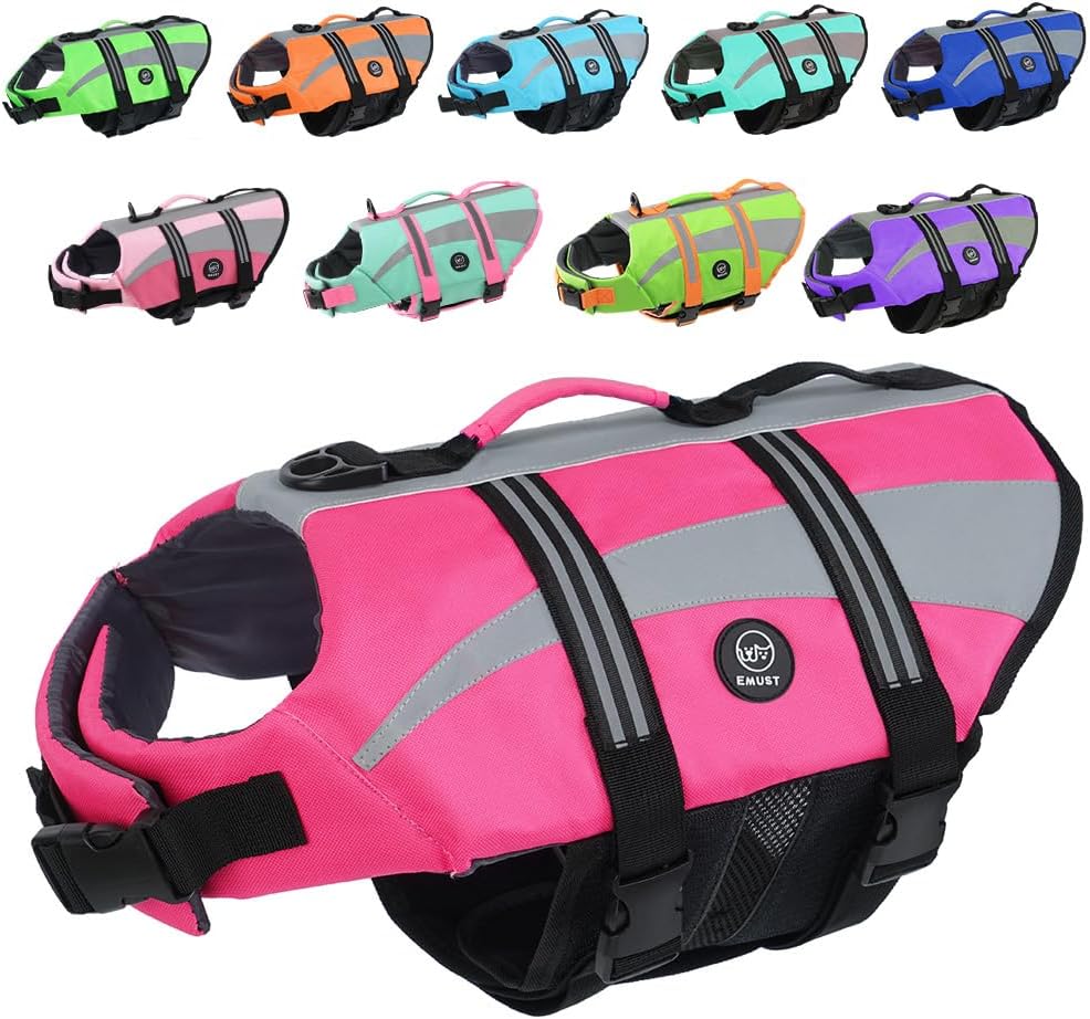EMUST Dog Life Jacket, High Visibility Dog Life Vests with 2 Rescue Handles – Essentials for Dogs - XXL / Pink
