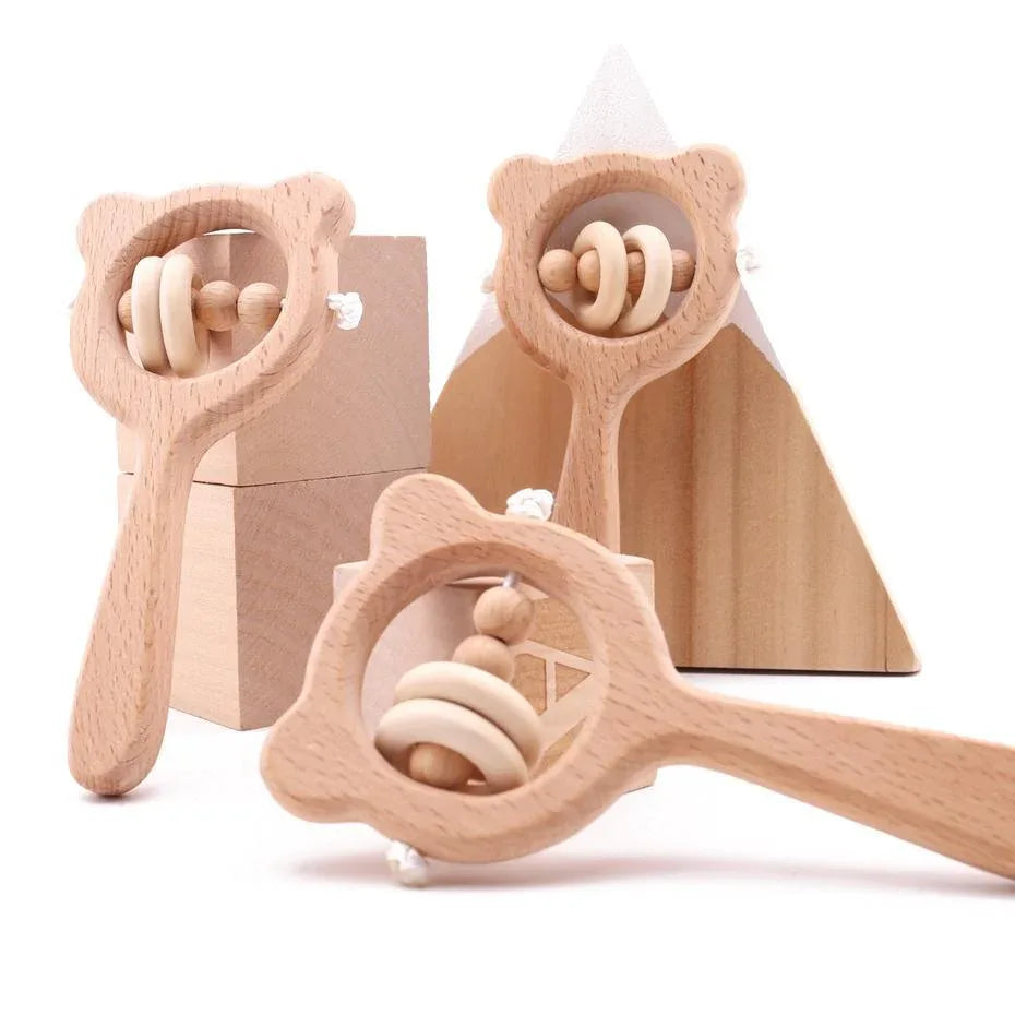 Modern Wooden Rattle Beech Bear Hand Teething Wooden Ring Baby Rattles Play Educational Toys For Kids - BIG FRENCHIES