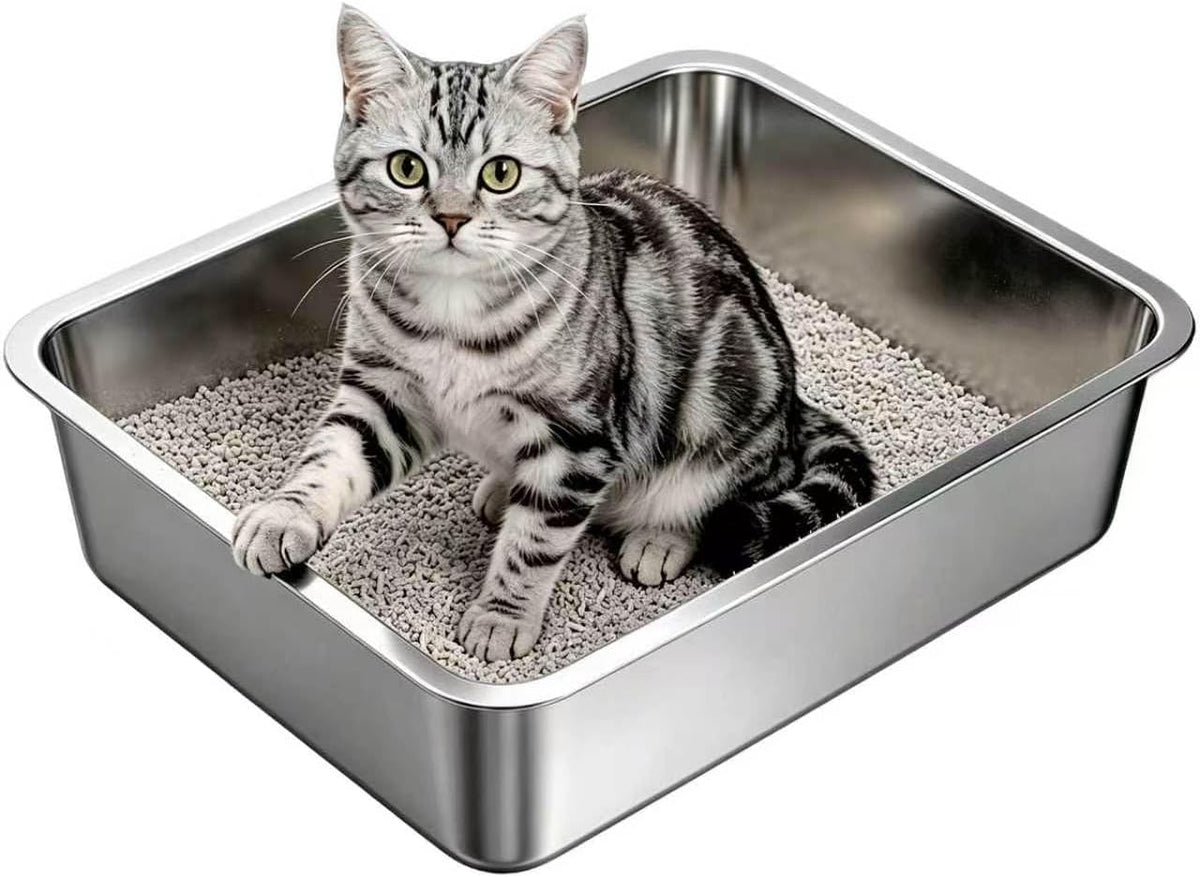 Stainless Steel High Sides Cat Litter Box - S-15.55"L x 11.61"W x 3.94"H