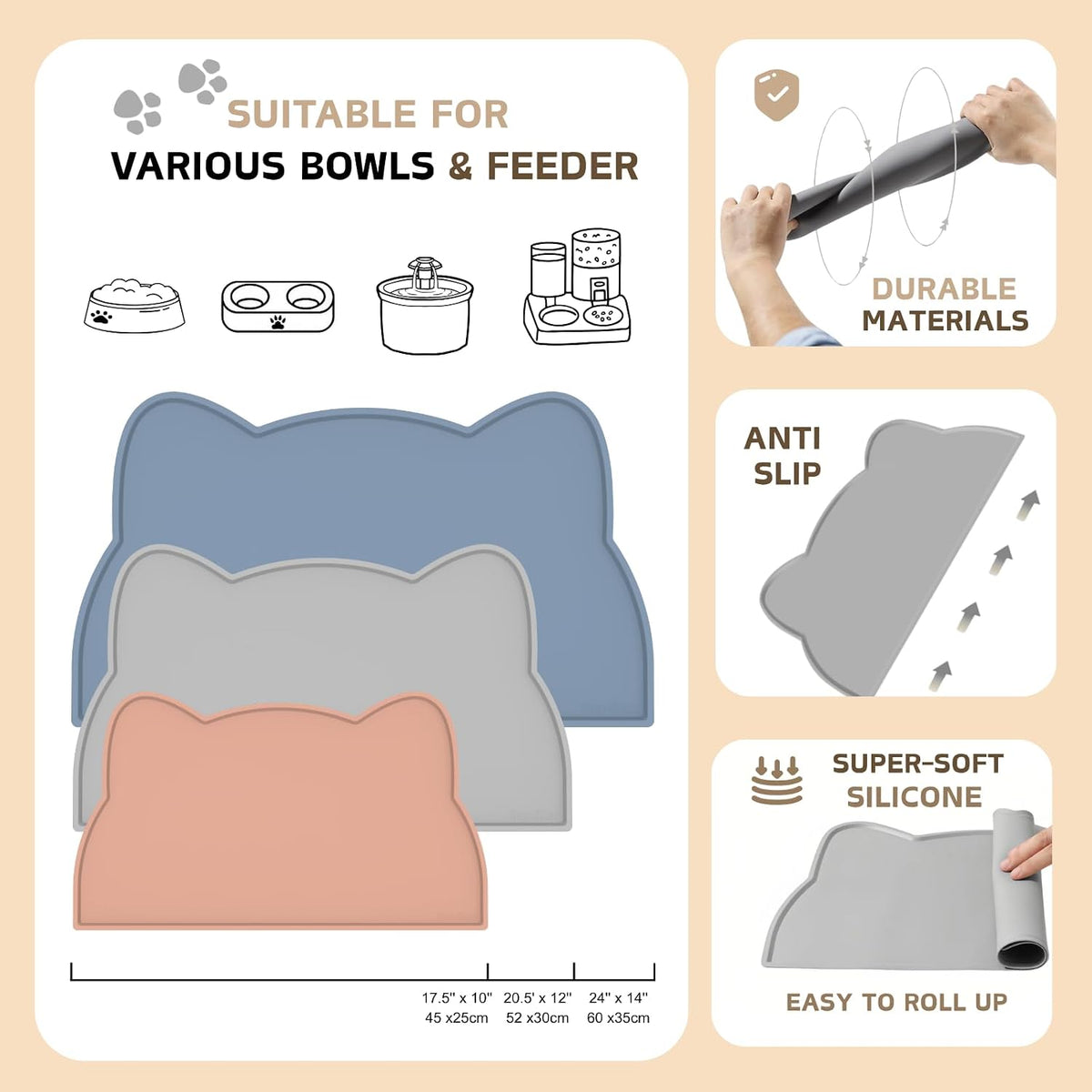 Cat Food Mat, Silicone Non Slip Dog Bowl Mat Waterproof Cat Feeding Mat Stop Food Spills and Water - Sage Green / 24"L x 14"W - image 2
