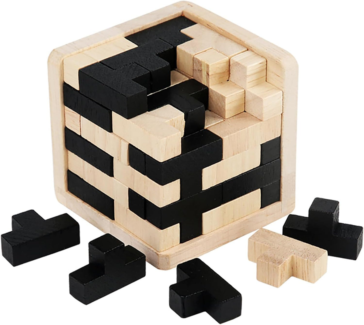 Wooden Brain Teaser Puzzles Cube Stocking Stuffers Wooden Puzzles - Black and Natural