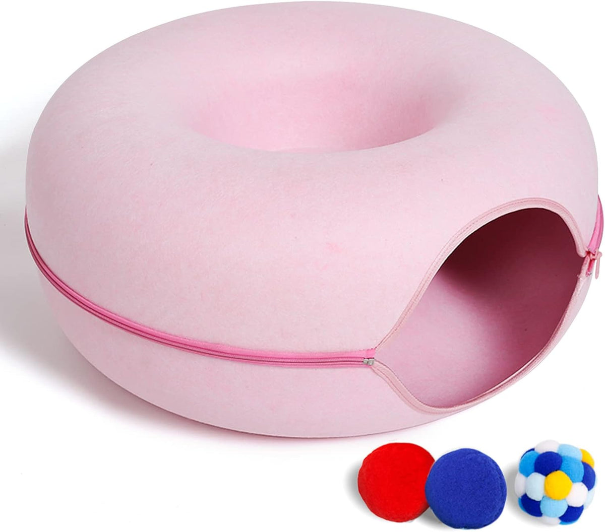 Large Cat Tunnel Bed for Indoor Cats with 3 Toys - L(24x24x11) / Pink