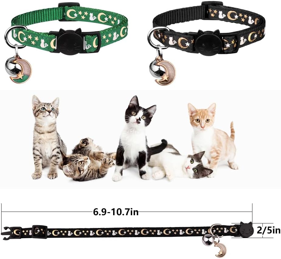 Baeuppit 2PCS Breakaway Cat Collars with Bell Moons Stars Cute Kitty - Neck 6.9-10.7 in / Deep Green&Black - image 4