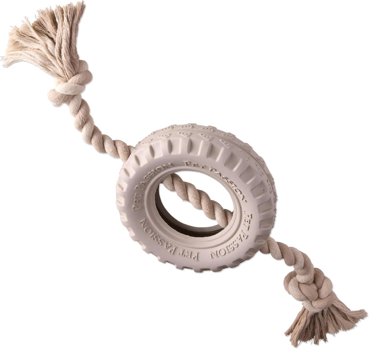 Pet Passion Natural Rubber Tire and Organic Cotton Rope Pull and Chew - Almond Milk / Medium