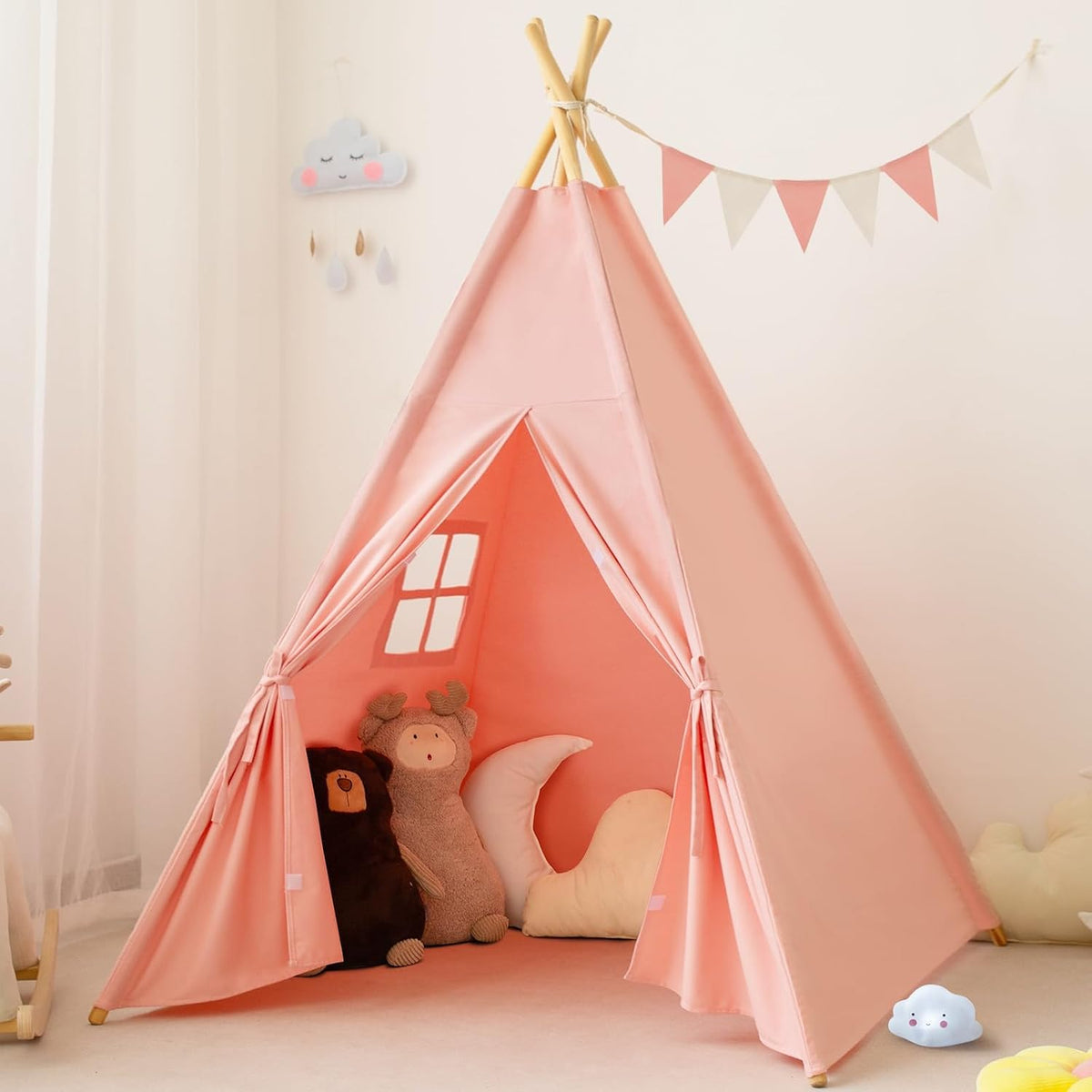 RongFa white canvas teepee tent for kids with wooden poles, flap door and mesh window - view 4