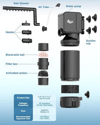 AQQA Dual-Use Aquarium Filter,Fish Tank Filter + Small Water Pump,Filtration,Wave-Making,Dissolved Oxygen,Water Circulation,Water Changes,Fountains Multifunctional Pump,Saltwater Freshwater (18W)