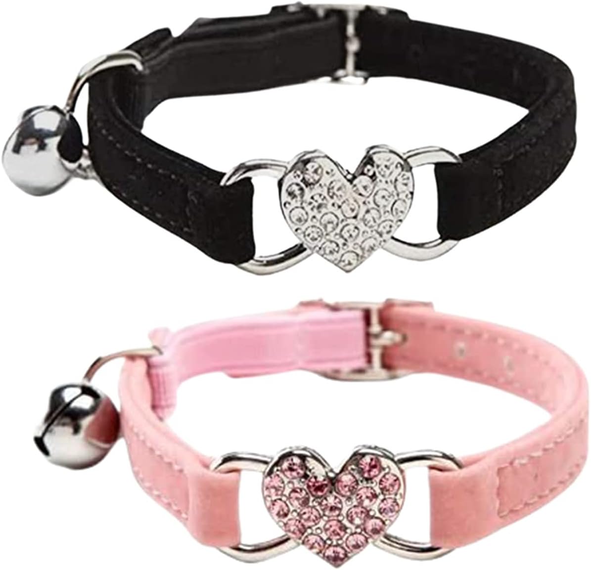Heart Bling Cat Collar with Safety Belt and Bell 8-10 inches – Essentials for Cats - Black+Pink
