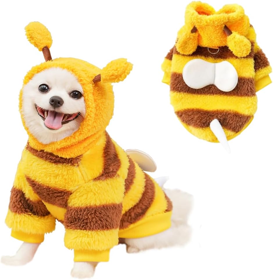 ANIAC fleece dog hoodie in a bee design with white wings and a D-ring, size Small
