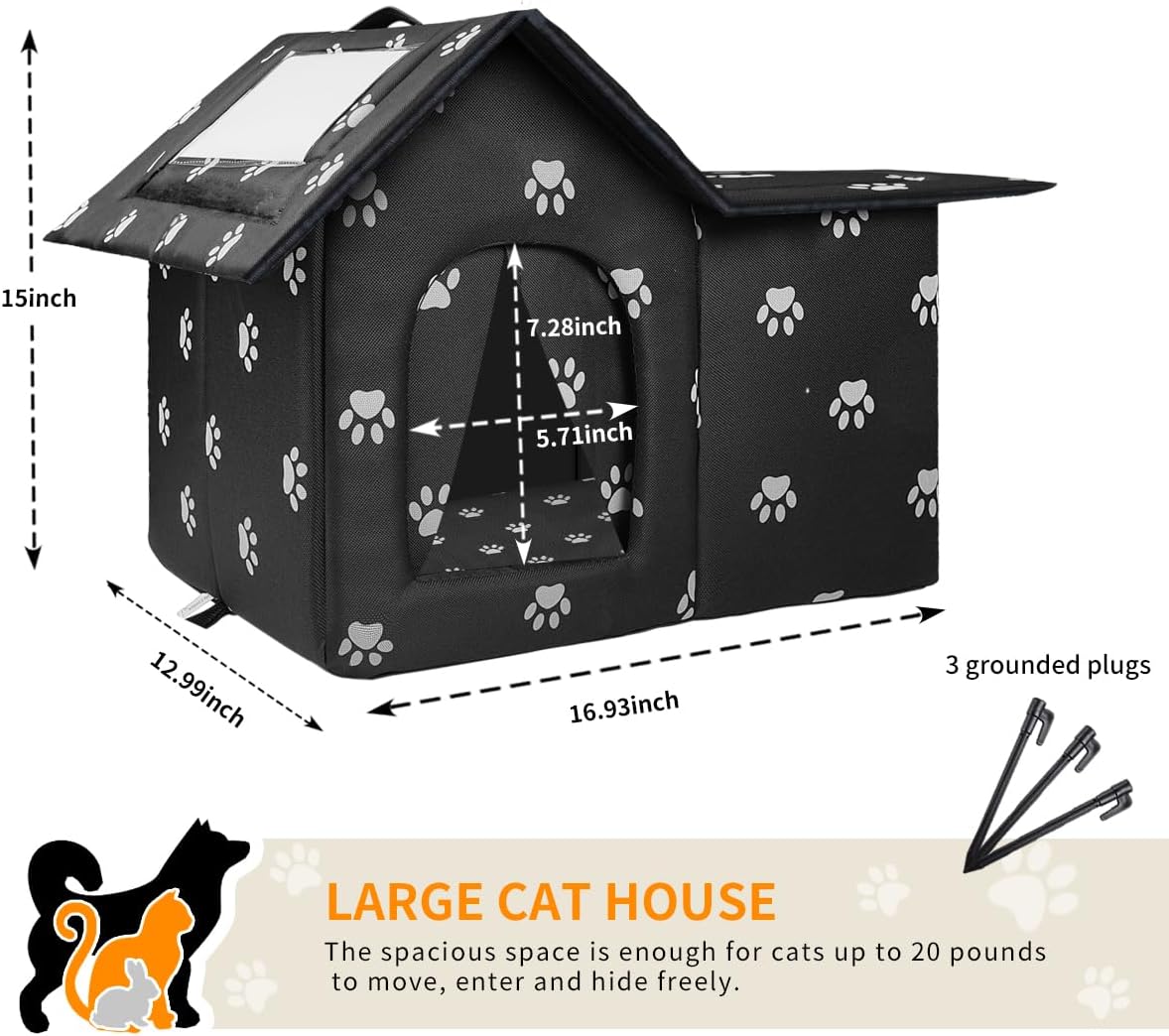 Outdoor Cat House Weatherproof, Large Feral Cat House for Winter - Black with White Cat Paw Prints / 17" x 13" x 15" - image 3