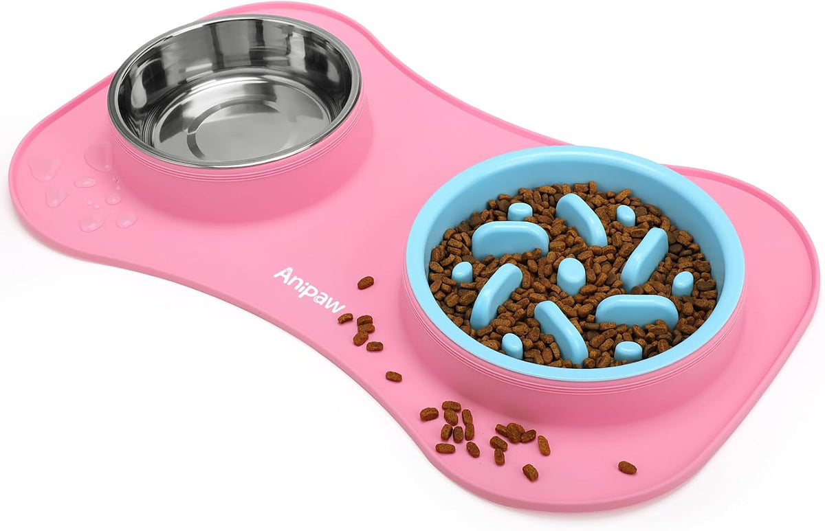 Slow Feeder Dog Bowls 3 in 1 Stainless Steel Food Water Bowl to Slow - Large Breed / Pink