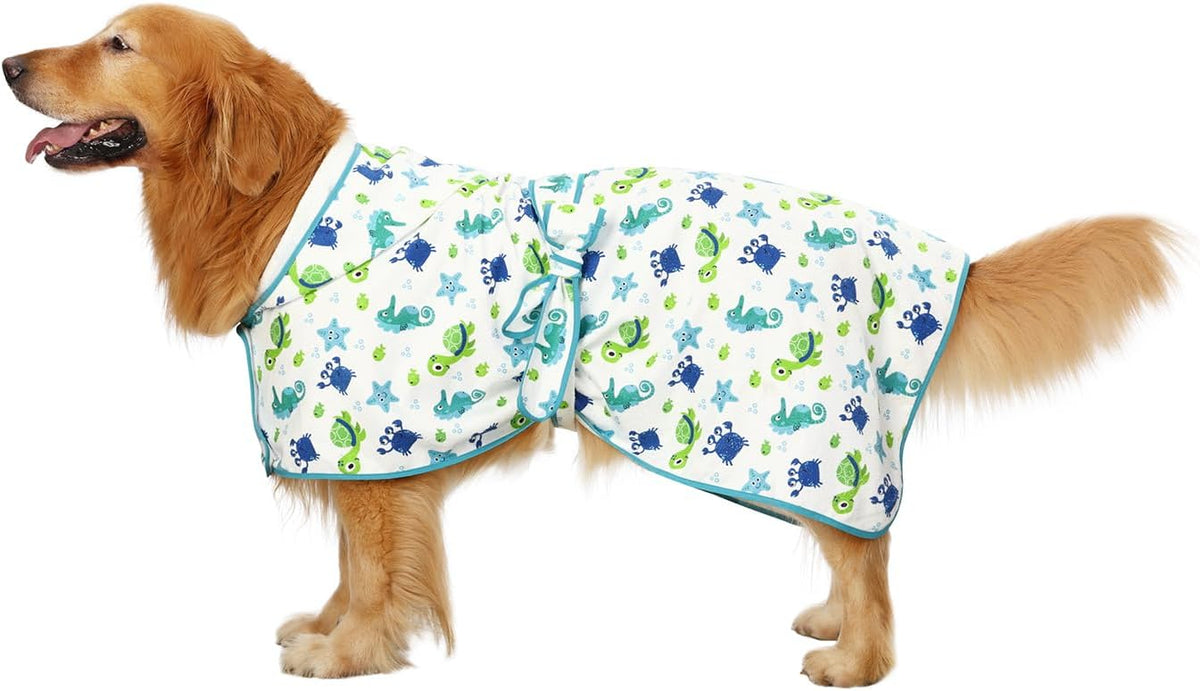 HDE Hooded Dog Bathrobe Quick Dry Towel Wrap for After Bath White - Large / Sea Animals - image 3