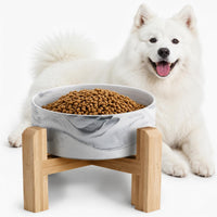 Elevated/Raised Ceramic Dog Bowl with Bamboo Stand，6 Inch 3.6 Cups - Marble Gray / Large