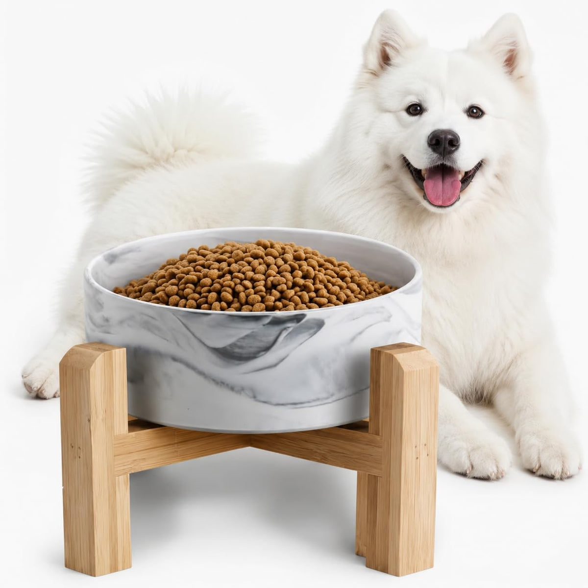 Elevated/Raised Ceramic Dog Bowl with Bamboo Stand，6 Inch 3.6 Cups - Marble Gray / Large