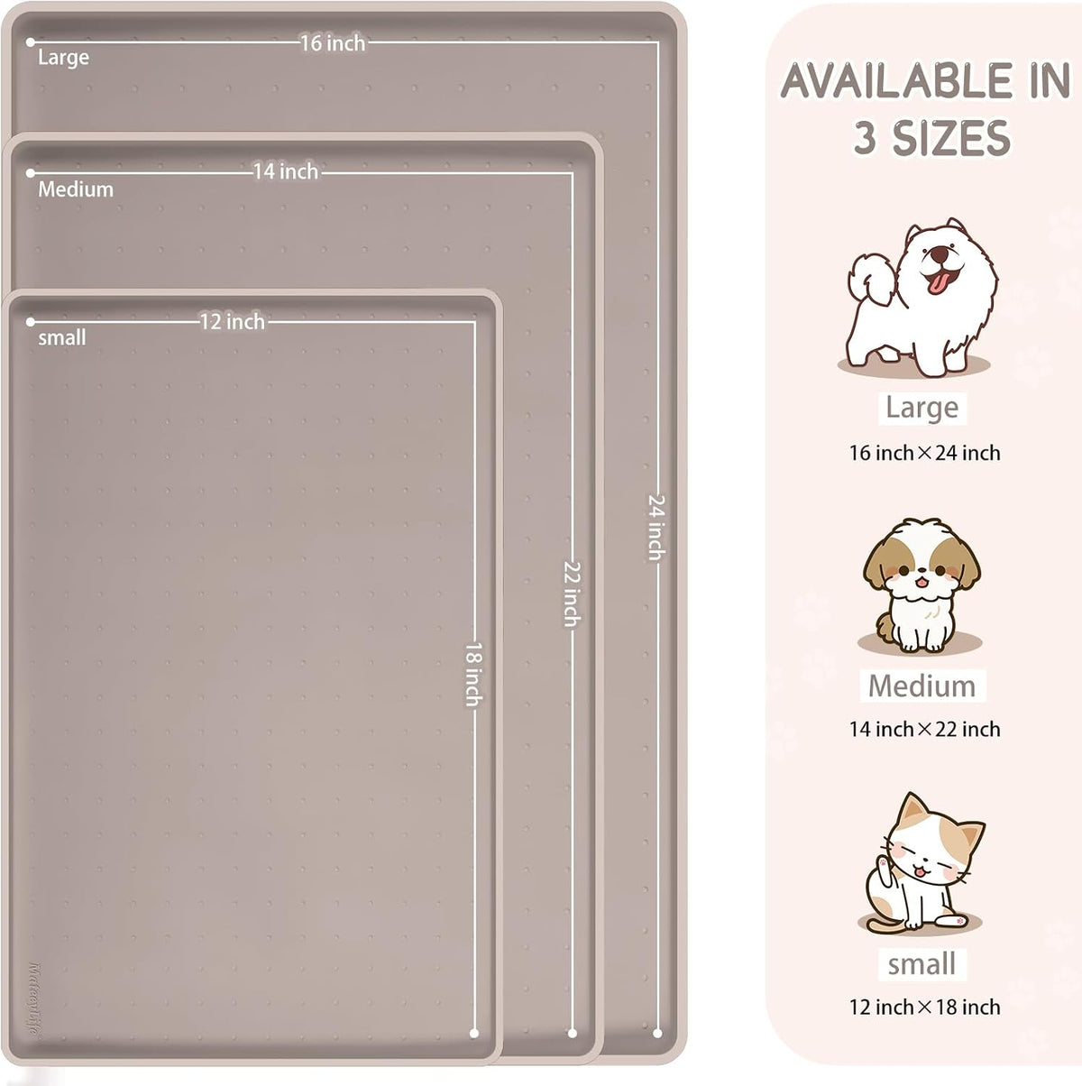 MateeyLife Silicone Cat & Dog Food Mat for Floors Waterproof - Taupe / 18"L x 12"W - image 2