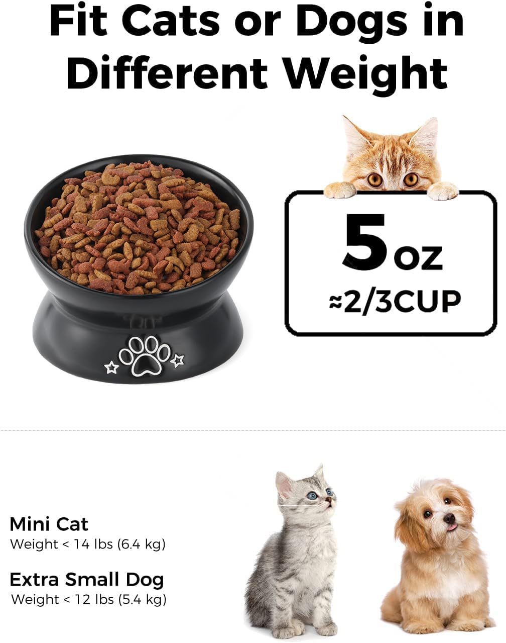 Elevated Cat Food Bowl, 5 Oz Ceramic Raised and Tilted Water Bowl, Anti Vomiting and Protect Pets' - Black Pattern / 5 OZ - 1 Pack - image 2
