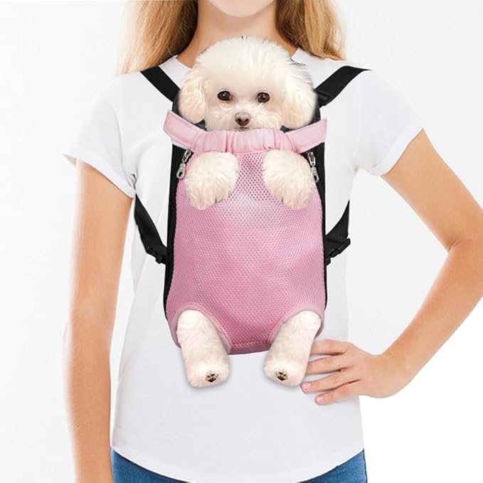 FEimaX Dog Carrier Backpack Pet Legs Out Front Cat Travel Bag, Adjustable Puppy Backpacks Carriers Hands-Free for Small Medium Dogs Cats Hiking Traveling Camping Daily Walking (Large, Pink)