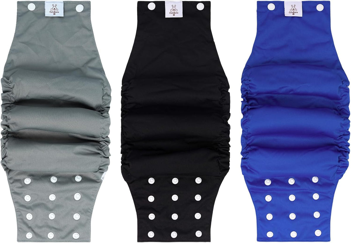 CuteBone Washable Dog Diapers Male with Snaps Reusable 3pcs a Pack - Buttons-Black&Grey&Blue / L(17"-21")