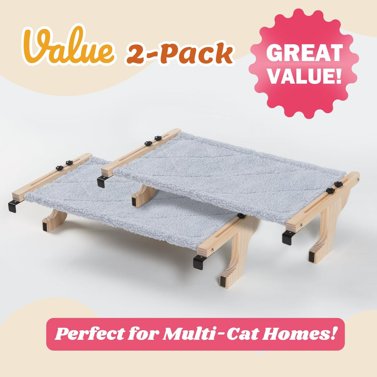 Zakkart 2-PC Easy Seat Cat Perch for Windowsill – Essentials for Cats - Natural Color Wood w/ Gray Bed / Medium 2PC - image 2