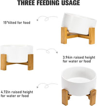 SPUNKYJUNKY 15° Slanted Ceramic Dog and Cat Bowl with Wooden Stand, Tilted Bulldog Food and Water Bowl No Slip Non-Spill for Cats Medium Dogs Big Face Pets 28.7 OZ (3.6 Cups, White)