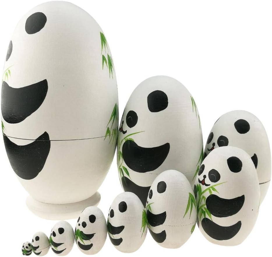 Winterworm 10 piece egg shaped wooden panda nesting dolls with bamboo pattern - view 2