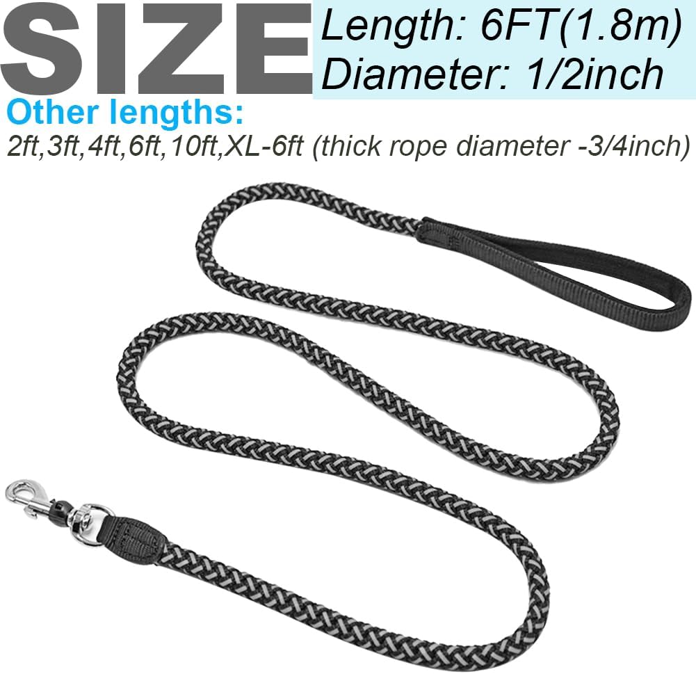 Reflective Dog Leash 2/3/4/6/10ft Braided 1/2" Strong Nylon Rope – Essentials for Dogs - 6ft * 1/2" / Black - image 4