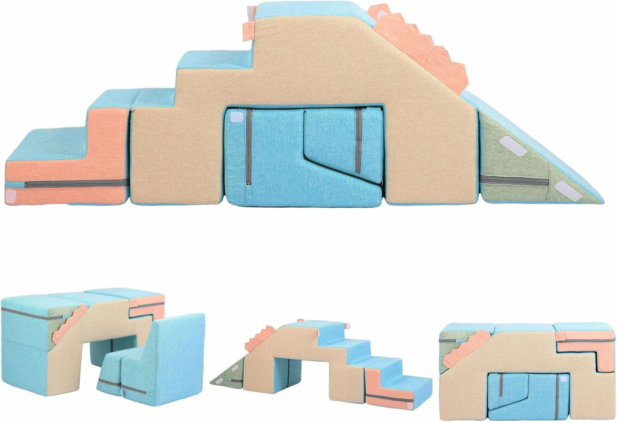 Asweets 4 in 1 foam climbing blocks for toddlers in blue and khaki faux-linen cover