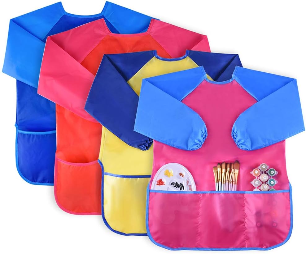 KUUQA Waterproof Children Art Smock Kids Art Aprons – Fun for Kids & Family - Blue, Red, Yellow, Pink / 4