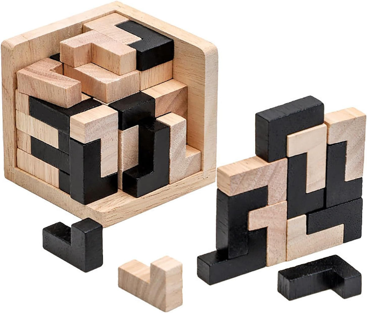 Wooden Brain Teaser Puzzles Cube Stocking Stuffers Wooden Puzzles - L Shape Black and Natural - image 2