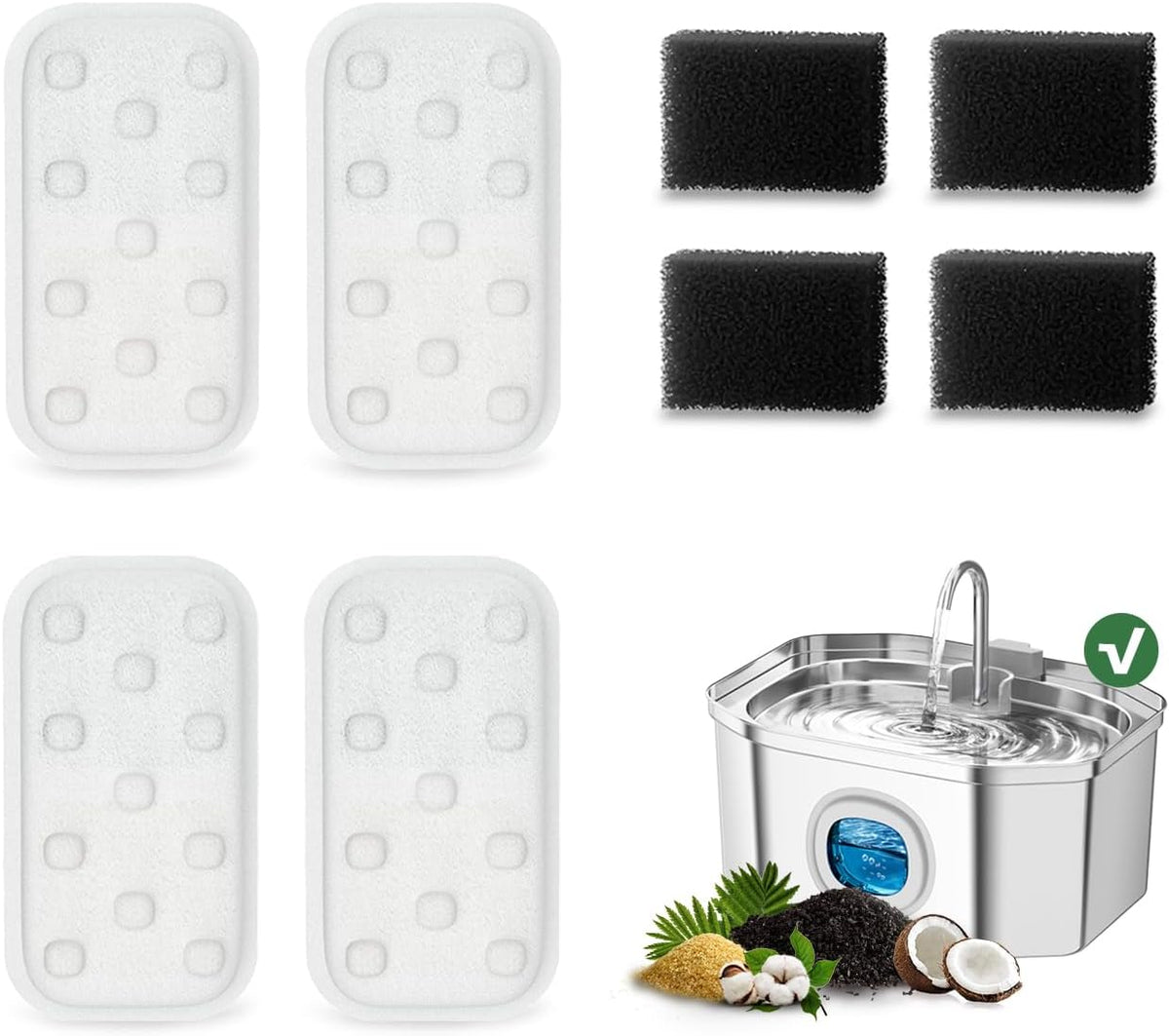 APAUK Cat Water Fountain Stainless Steel - Repleacement 4 Filters + 4 Sponges