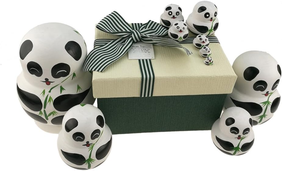 Apol set of 10 handmade wooden big-belly panda bear nesting dolls holding bamboo - view 4