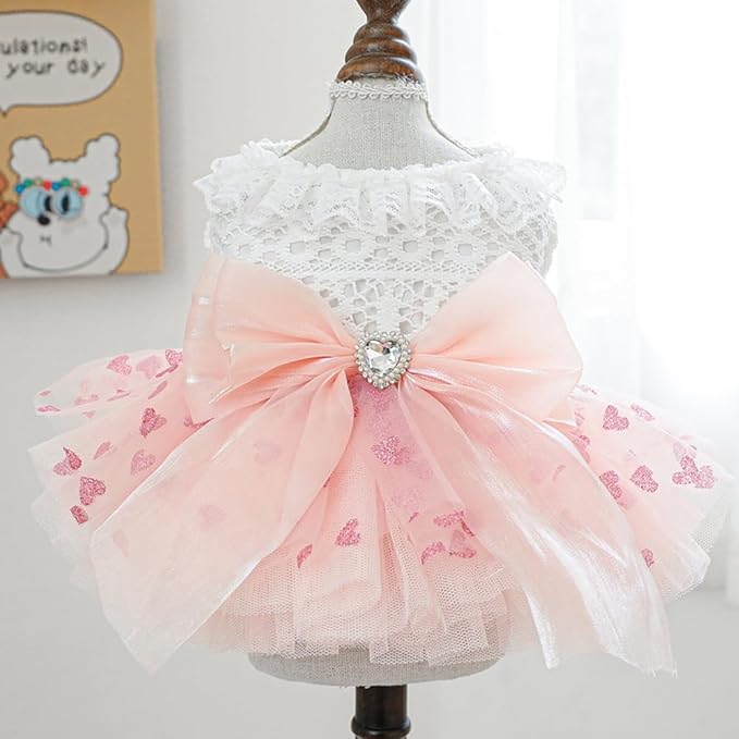 Pink Dog Dress for Small Dog Girl Spring Puppy Clothes with Bow Puff Sleeves Cat Outfit Doggy Princess with Leash Ring Doggies Harness Dress Summer Pet Apparel (Pink White, Medium)