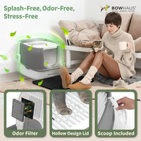 Fully Enclosed Cat Litter Box w/Lid, Scoop, Cat Mat & Odor Fitter, Large Plastic Cat Toilet with Double Door, Anti-Splashing Cat Litter Box with Lockable Front Door, Dark Grey
