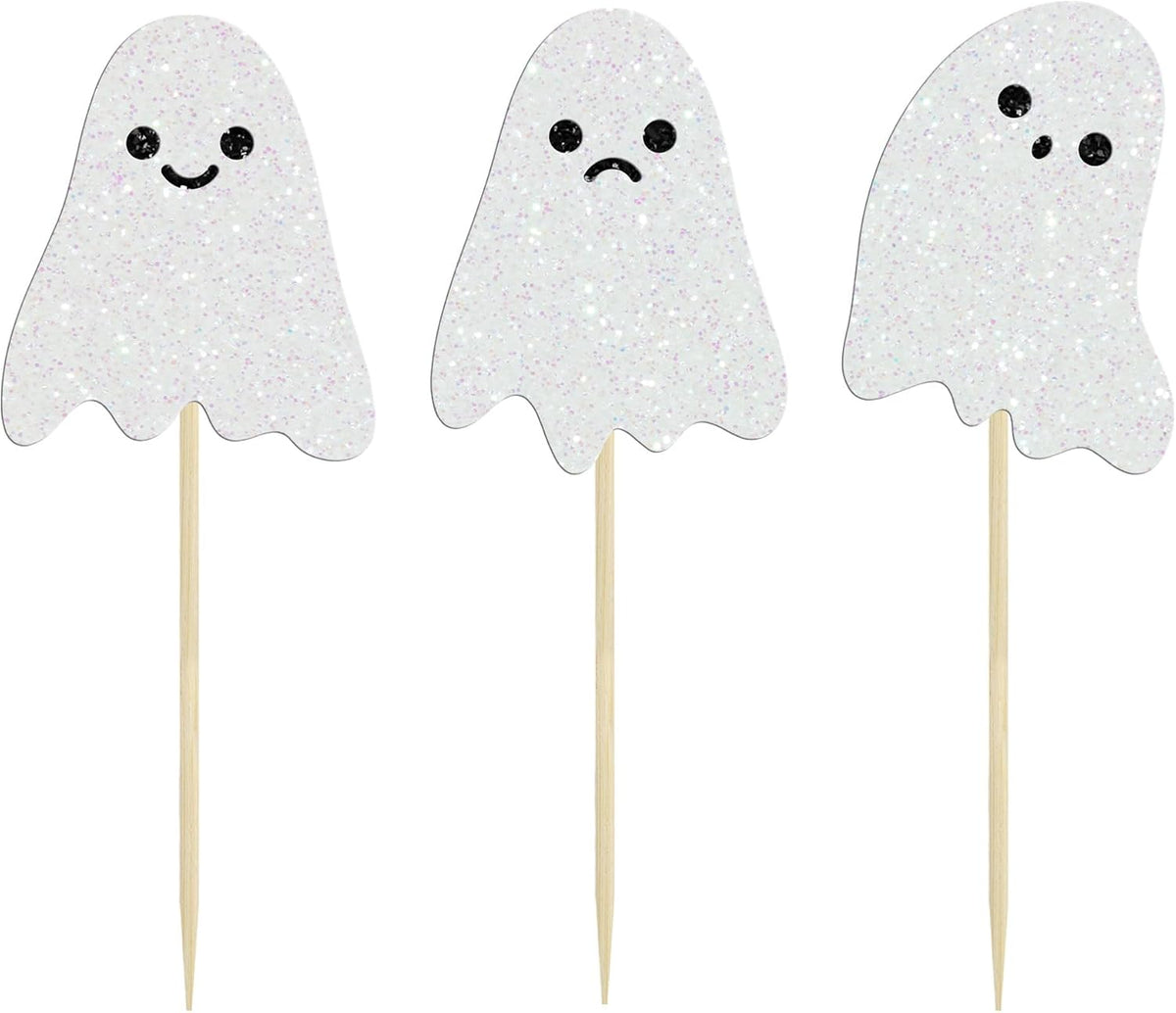 Ephlyn 24 white glitter ghost cupcake toppers for Halloween desserts - view 39