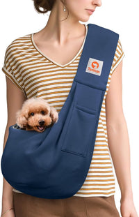 Tomkas Small Dog Sling Carrier, Classic Pocket & Classic Strap - Dark Blue / M - Zip Pocket & Classic Strap