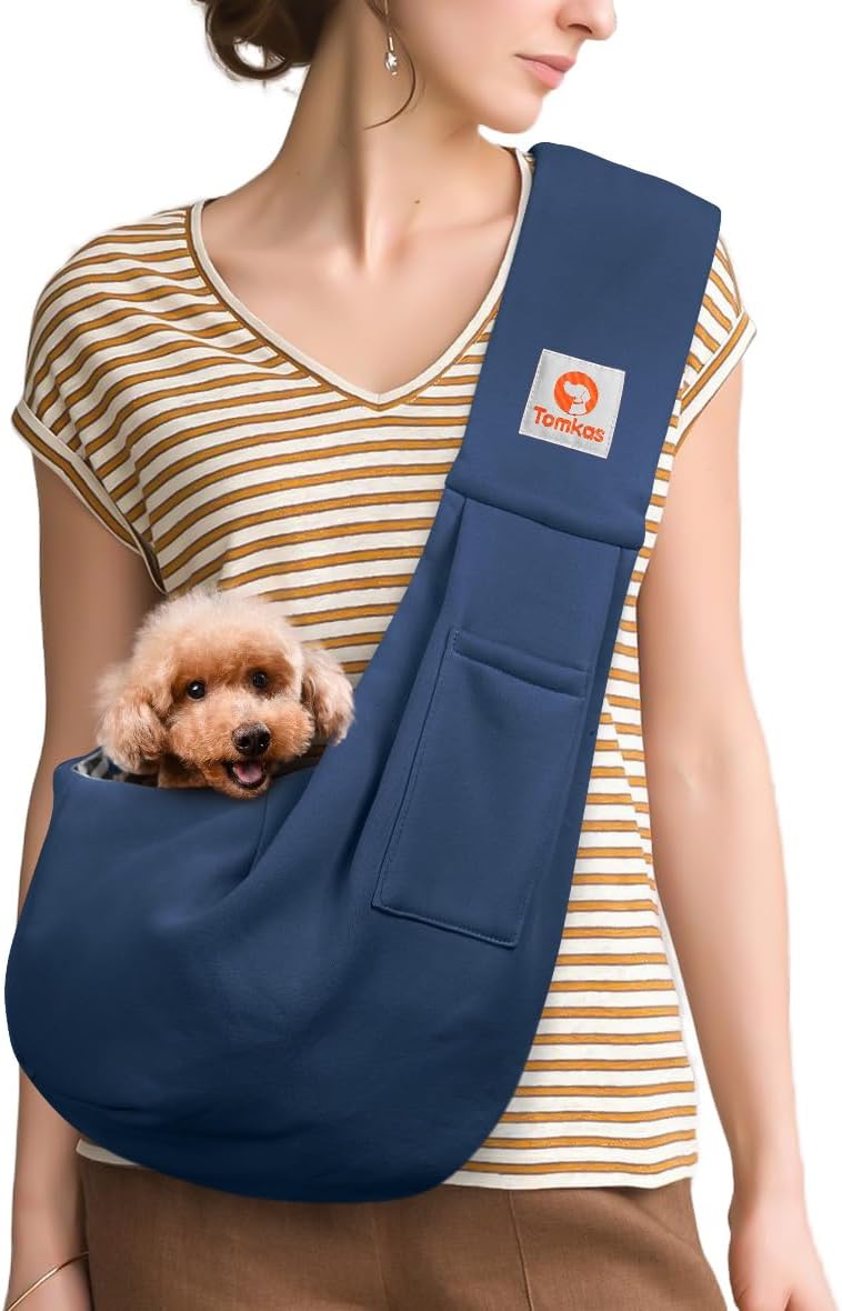 Tomkas Small Dog Sling Carrier, Classic Pocket & Classic Strap - Dark Blue / M - Zip Pocket & Classic Strap