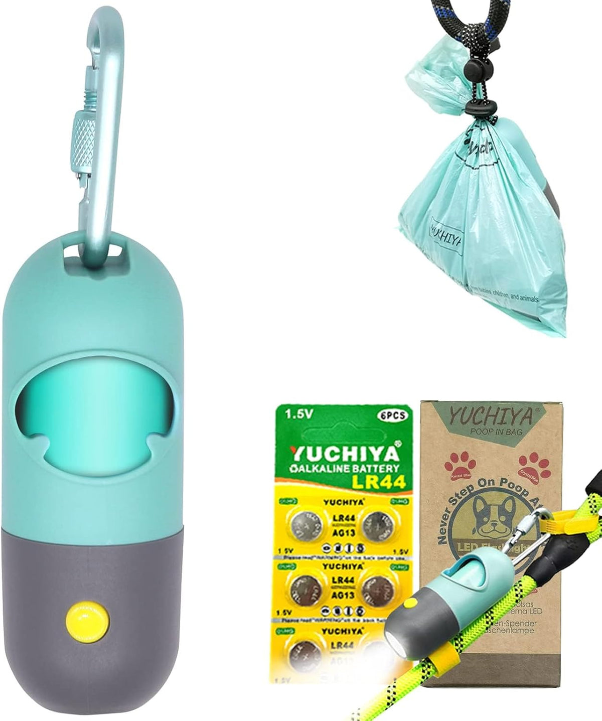 Dog Poop Bags Holder with LED Flashlight - Crystal Blue / 15 Count (Pack of 1)