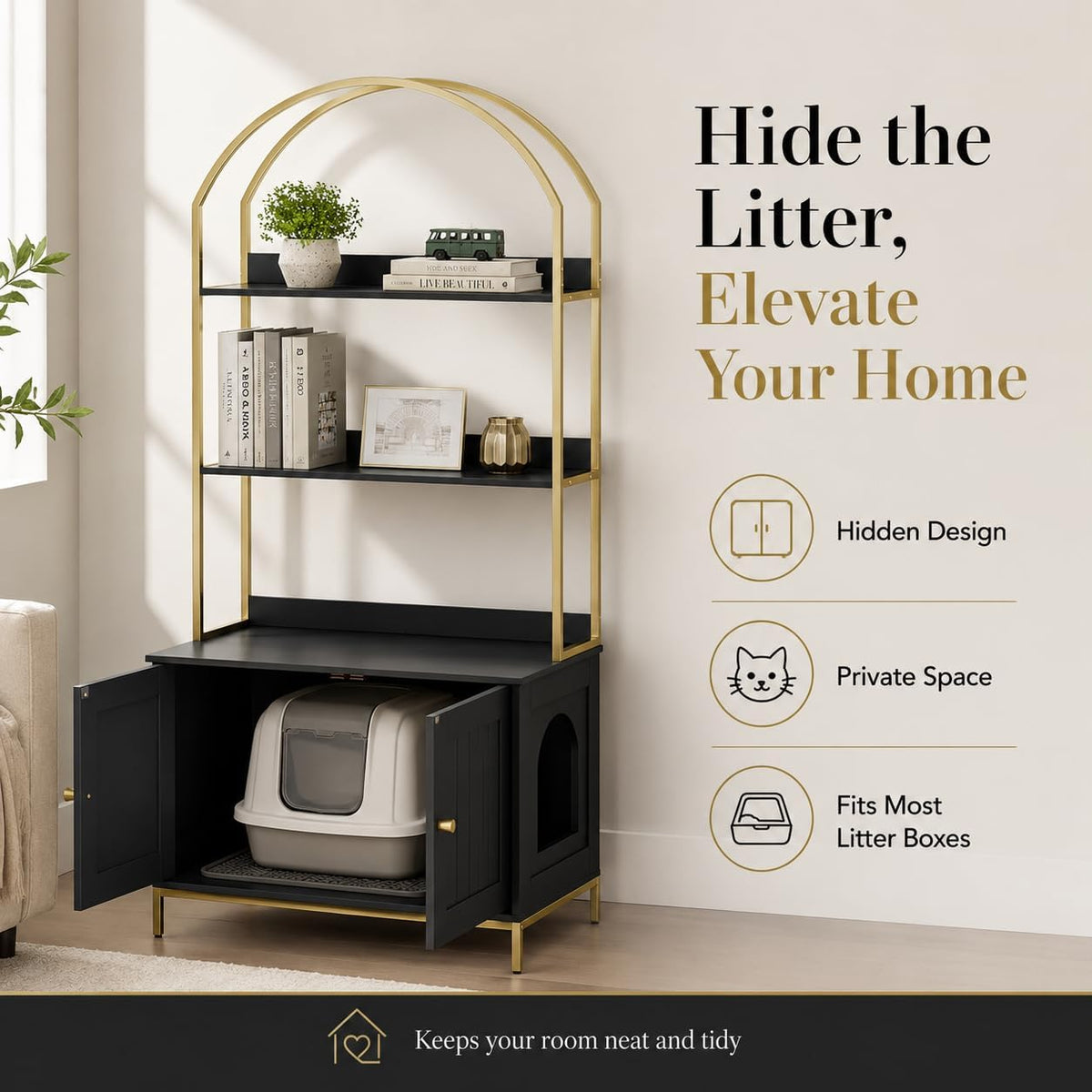 Cat Litter Box Enclosure with 2-Tier Shelves - Black and Gold - image 3