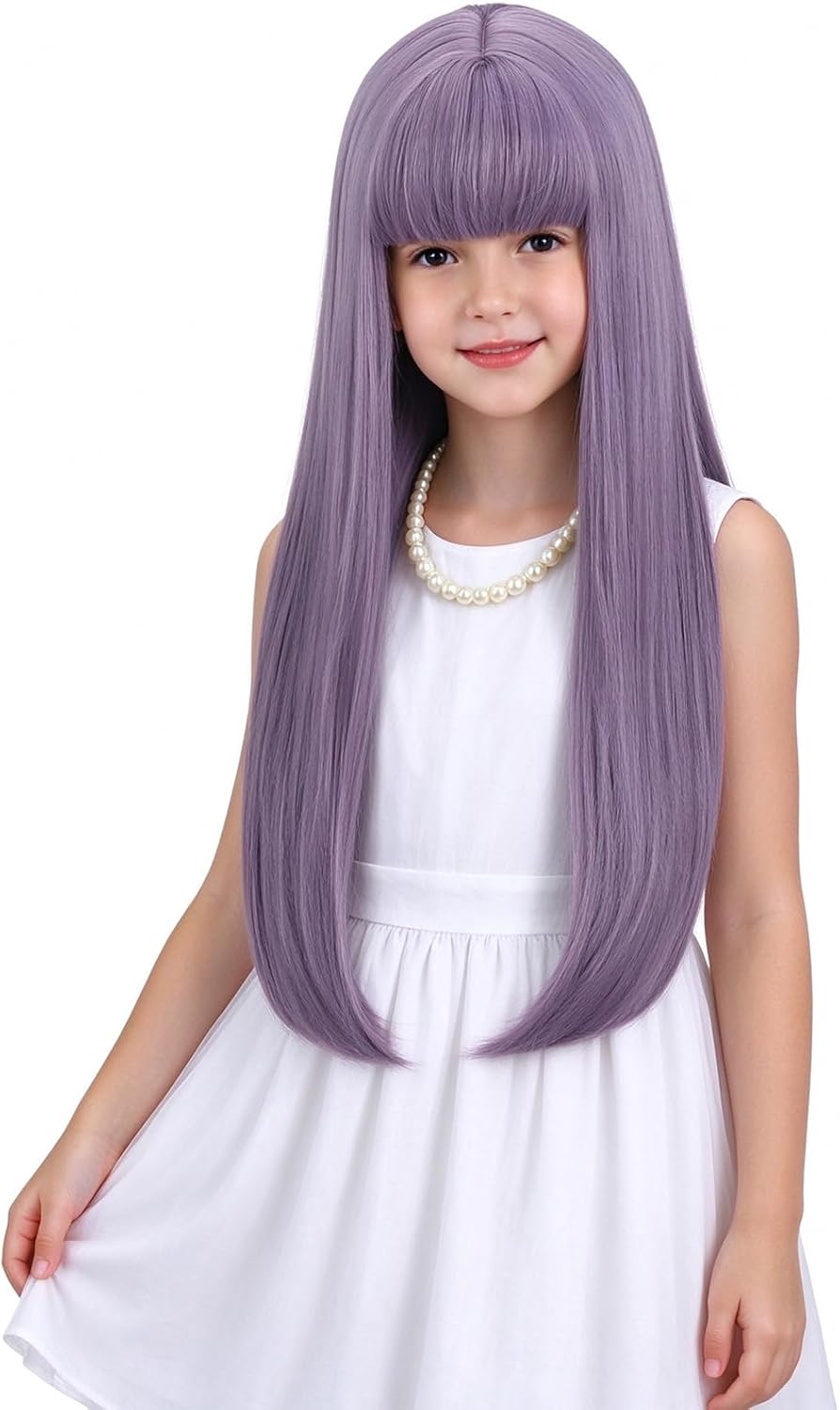 WAVELNM kids long straight black wig with hot pink highlights and bangs - view 6