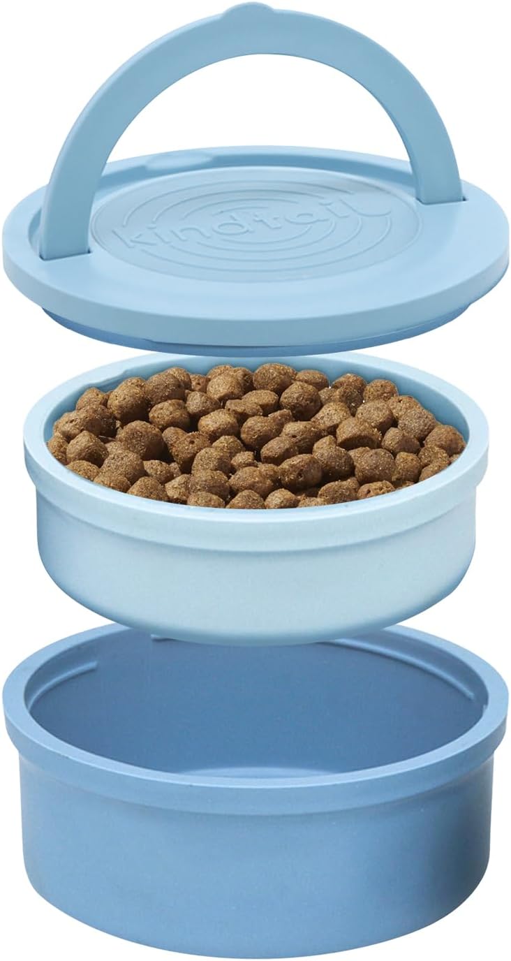Dog Travel Bowls - Set of 2 Portable Pet Food & Water Dishes with Lid & Handle - Each Nesting - Blue / Small